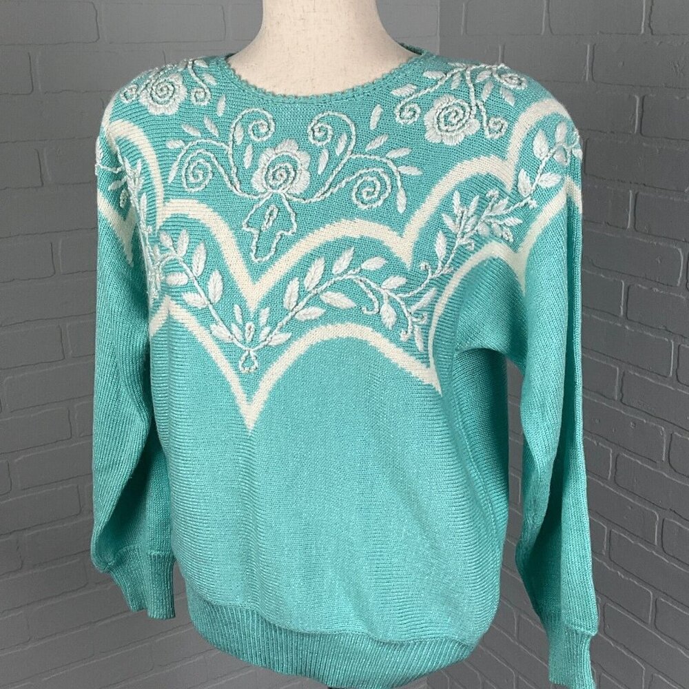 Jaclyn Smith Sweater Women Medium‎ Aqua Blue White Floral Bead Glitter Grandma
